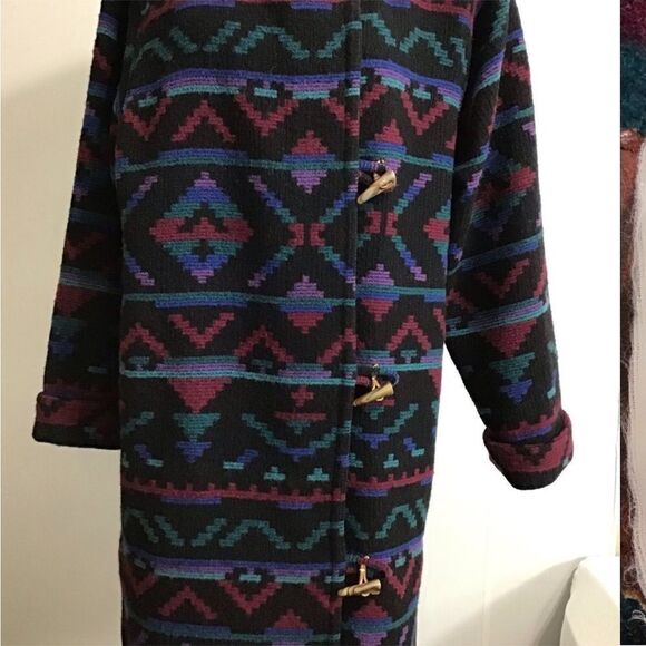 Woolrich Black Longline Aztec Print Hooded Overcoat Size Medium Made In USA - Picture 12 of 13